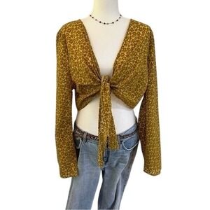 Wild Fable S578 Mustard Floral Tie Front Crop Top Boho Y2K Long Sleeve XXL